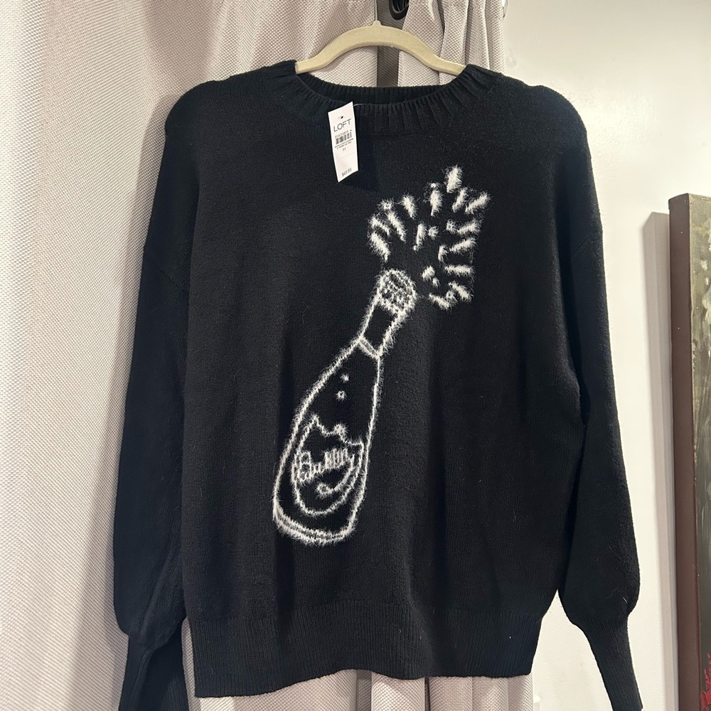 LOFT Black Sweater with White Champagne Bottle Design
